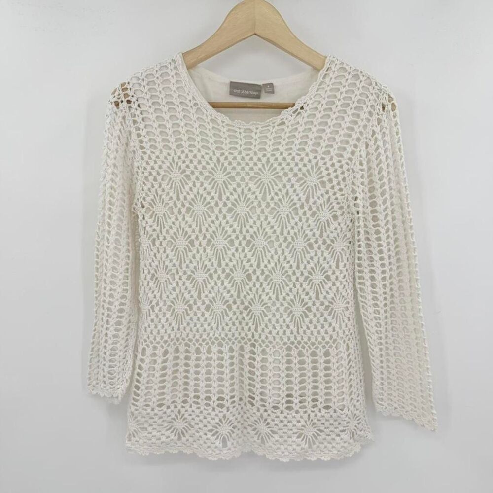 Croft & Barrow Y2K White Crochet Knit Long Sleeve Top Ramie Cotton Blend S